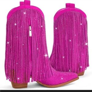OUEPIANO Fuschia Pink fringe cowboy Boots 8/8.5